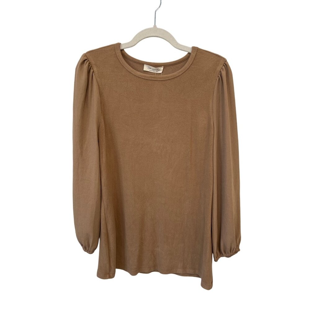 Doe And Rae Woven Puff Sleeve Knit Top Size Small Camel Neutral Minimalist NEW